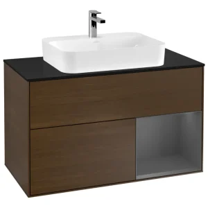 Villeroy & Boch Finion Waschbeckenunterschrank für Becken mittig Regal rechts für Finion / Memento 2.0 Aufsatzwaschbecken 2 Auszüge mit Beleuchtung (3x LED) 1000 x 603 x 501 mm - Walnut Veneer / Anthracite Matt Lacquer / Glass Black Matt Schnäppchen
