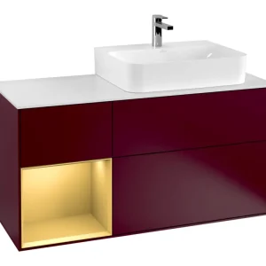 Villeroy & Boch Finion Waschbeckenunterschrank für Becken rechts Regal links für Finion / Memento 2.0 3 Auszüge mit Beleuchtung (1x LED) 1200 x 603 x 501 mm - Peony Matt Lacquer / Gold Matt Lacquer / Glass White Matt Finale Aktion