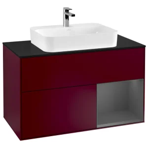 Villeroy & Boch Finion Waschbeckenunterschrank für Becken mittig Regal rechts für Finion / Memento 2.0 Aufsatzwaschbecken 2 Auszüge mit Beleuchtung (3x LED) 1000 x 603 x 501 mm - Peony Matt Lacquer / Anthracite Matt Lacquer / Glass Black Matt Geprüft