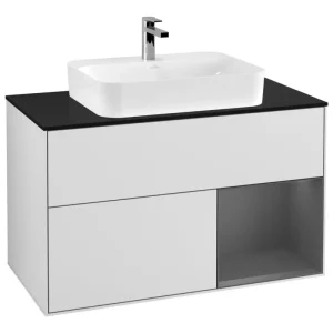 Highlight Villeroy & Boch Finion Waschbeckenunterschrank für Becken mittig Regal rechts für Finion / Memento 2.0 Aufsatzwaschbecken 2 Auszüge mit Beleuchtung (3x LED) 1000 x 603 x 501 mm - White Matt Lacquer / Anthracite Matt Lacquer / Glass Black Matt