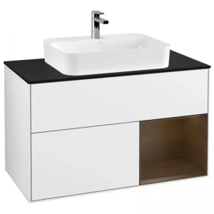 Abverkauf Villeroy & Boch Finion Waschbeckenunterschrank für Becken mittig Regal rechts für Finion / Memento 2.0 Aufsatzwaschbecken 2 Auszüge mit Beleuchtung (3x LED) 1000 x 603 x 501 mm - Glossy White Lacquer / Walnut Veneer / Glass Black Matt