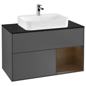 Saisonangebot Villeroy & Boch Finion Waschbeckenunterschrank für Becken mittig Regal rechts für Finion / Memento 2.0 Aufsatzwaschbecken 2 Auszüge mit Beleuchtung (3x LED) 1000 x 603 x 501 mm - Anthracite Matt Lacquer / Walnut Veneer / Glass Black Matt