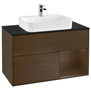 Villeroy & Boch Finion Waschbeckenunterschrank für Becken mittig Regal rechts für Finion / Memento 2.0 Aufsatzwaschbecken 2 Auszüge mit Beleuchtung (3x LED) 1000 x 603 x 501 mm - Walnut Veneer / Glass Black Matt Meistverkauft