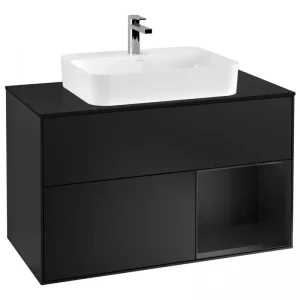 Abverkauf Villeroy & Boch Finion Waschbeckenunterschrank für Becken mittig Regal rechts für Finion / Memento 2.0 Aufsatzwaschbecken 2 Auszüge mit Beleuchtung (3x LED) 1000 x 603 x 501 mm - Black Matt Lacquer / Glass Black Matt