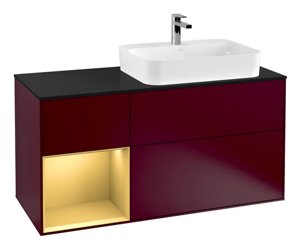 Beliebt Villeroy & Boch Finion Waschbeckenunterschrank für Becken rechts Regal links für Finion / Memento 2.0 Aufsatzwaschbecken 3 Auszüge mit Beleuchtung (3x LED) 1200 x 603 x 501 mm - Peony Matt Lacquer / Gold Matt Lacquer / Glass Black Matt