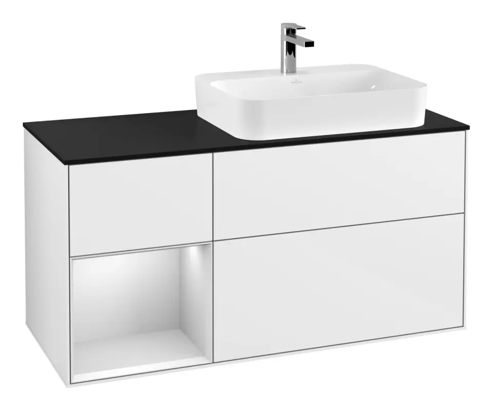Direkt Vom Hersteller Villeroy & Boch Finion Waschbeckenunterschrank für Becken rechts Regal links für Finion / Memento 2.0 Aufsatzwaschbecken 3 Auszüge mit Beleuchtung (3x LED) 1200 x 603 x 501 mm - Glossy White Lacquer / White Matt Lacquer / Glass Black Matt