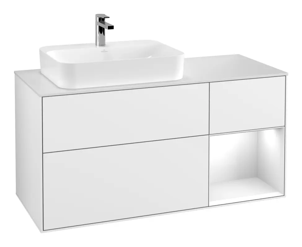 Expressversand Villeroy & Boch Finion Waschbeckenunterschrank für Becken links Regal rechts für Finion / Memento 2.0 Aufsatzwaschbecken 3 Auszüge mit Beleuchtung (3x LED) 1200 x 603 x 501 mm - Glossy White Lacquer / Glass White Matt