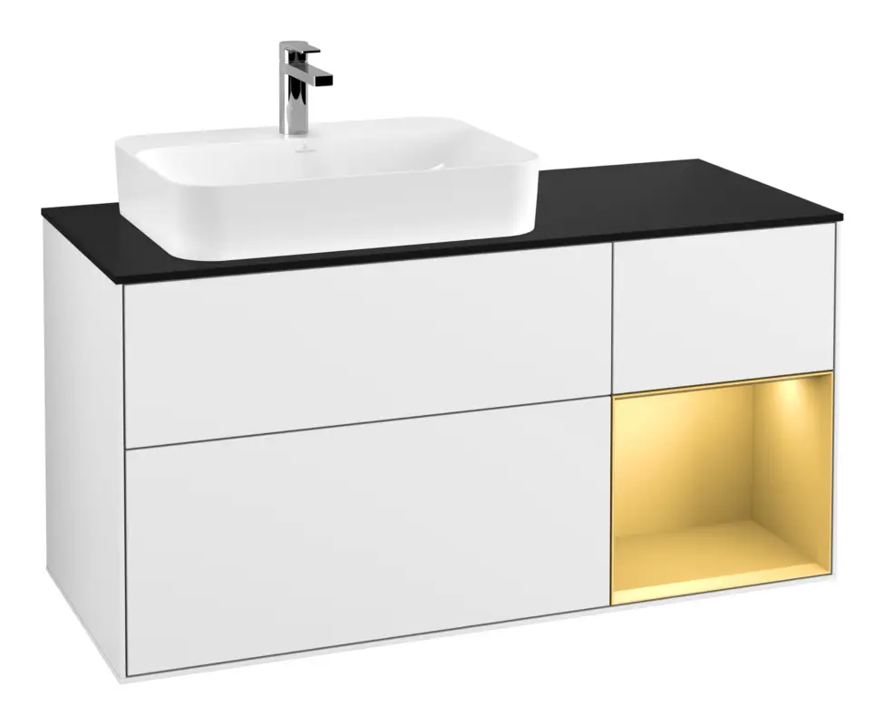 Sofort Bestellen Villeroy & Boch Finion Waschbeckenunterschrank für Becken links Regal rechts für Finion / Memento 2.0 Aufsatzwaschbecken 3 Auszüge mit Beleuchtung (3x LED) 1200 x 603 x 501 mm - Glossy White Lacquer / Gold Matt Lacquer / Glass Black Matt