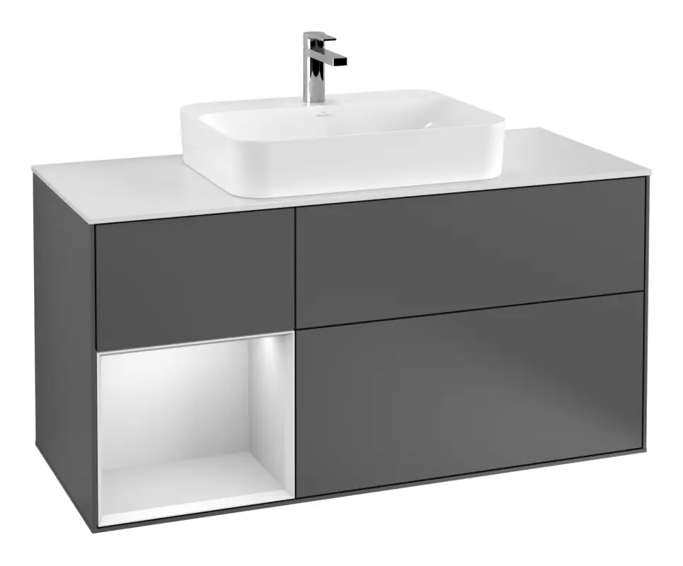 Zertifiziert Villeroy & Boch Finion Waschbeckenunterschrank für Becken mittig Regal links für Finion / Memento 2.0 Aufsatzwaschbecken 3 Auszüge mit Beleuchtung (3x LED) 1200 x 603 x 501 mm - Anthracite Matt Lacquer / White Matt Lacquer / Glass White Matt