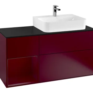 Zertifiziert Villeroy & Boch Finion Waschbeckenunterschrank für Becken rechts Regal links für Finion / Memento 2.0 3 Auszüge mit Beleuchtung (1x LED) 1200 x 603 x 501 mm - Peony Matt Lacquer / Glass Black Matt