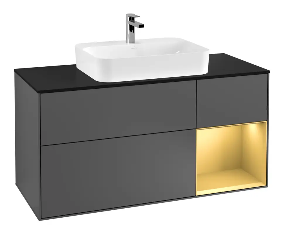 Villeroy & Boch Finion Waschbeckenunterschrank für Becken mittig Regal rechts für Finion / Memento 2.0 Aufsatzwaschbecken 3 Auszüge mit Beleuchtung (3x LED) 1200 x 603 x 501 mm - Anthracite Matt Lacquer / Gold Matt Lacquer / Glass Black Matt Expressversand