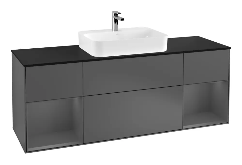 Top-Seller Villeroy & Boch Finion Waschbeckenunterschrank für Becken mittig Regal links/rechts für Finion / Memento 2.0 Aufsatzwaschbecken 4 Auszüge mit Beleuchtung (4x LED) 1600 x 603 x 501 mm - Anthracite Matt Lacquer / Glass Black Matt