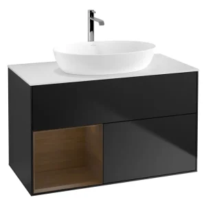 Villeroy & Boch Finion Waschbeckenunterschrank für Becken mittig Regal links für Artis / Collaro rund 2 Auszüge mit Beleuchtung (3x LED) ohne Hahnloch 1000 x 603 x 501 mm - Black Matt Lacquer / Walnut Veneer / Glass White Matt Günstig