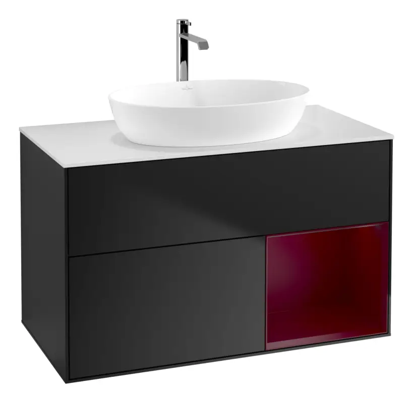 Sichere Zahlung Villeroy & Boch Finion Waschbeckenunterschrank für Becken mittig Regal rechts für Artis / Collaro rund 2 Auszüge mit Beleuchtung (1x LED) 1000 x 603 x 501 mm - Black Matt Lacquer / Peony Matt Lacquer / Glass White Matt
