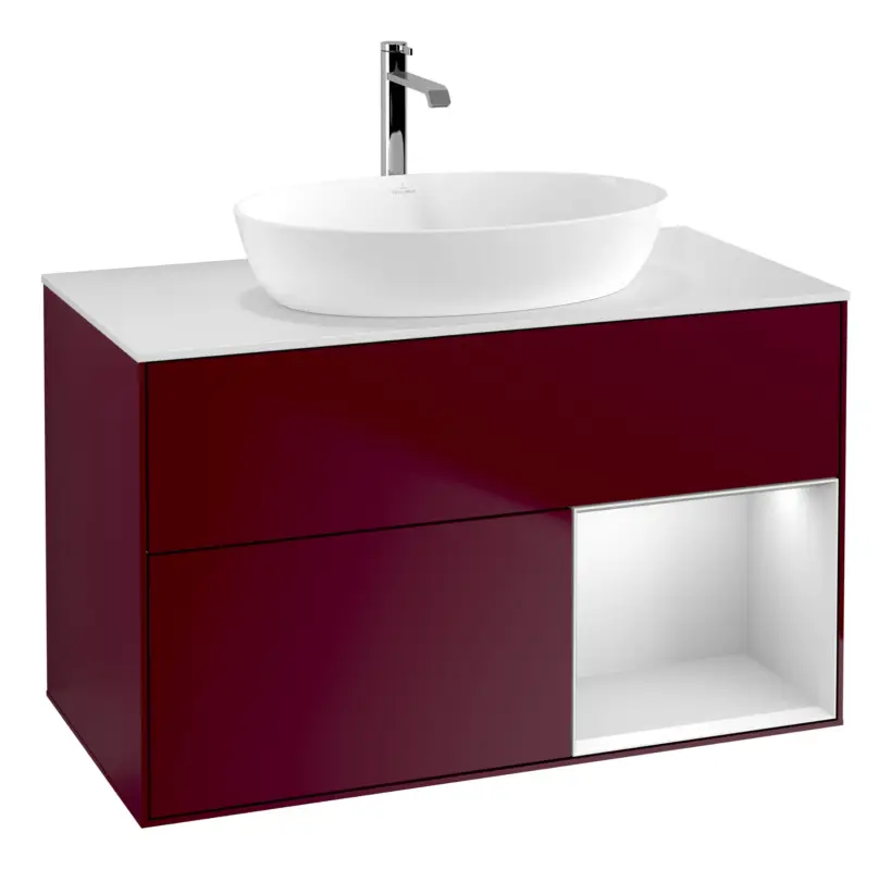 Villeroy & Boch Finion Waschbeckenunterschrank für Becken mittig Regal rechts für Artis / Collaro rund 2 Auszüge mit Beleuchtung (1x LED) 1000 x 603 x 501 mm - Peony Matt Lacquer / White Matt Lacquer / Glass White Matt Bestseller