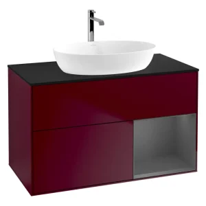 Sale Villeroy & Boch Finion Waschbeckenunterschrank für Becken mittig Regal rechts für Artis / Collaro rund 2 Auszüge mit Beleuchtung (1x LED) 1000 x 603 x 501 mm - Peony Matt Lacquer / Anthracite Matt Lacquer / Glass Black Matt