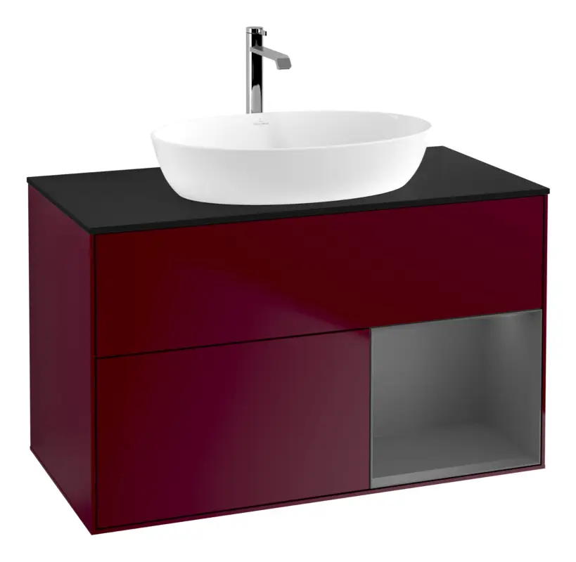 Sale Villeroy & Boch Finion Waschbeckenunterschrank für Becken mittig Regal rechts für Artis / Collaro rund 2 Auszüge mit Beleuchtung (1x LED) 1000 x 603 x 501 mm - Peony Matt Lacquer / Anthracite Matt Lacquer / Glass Black Matt