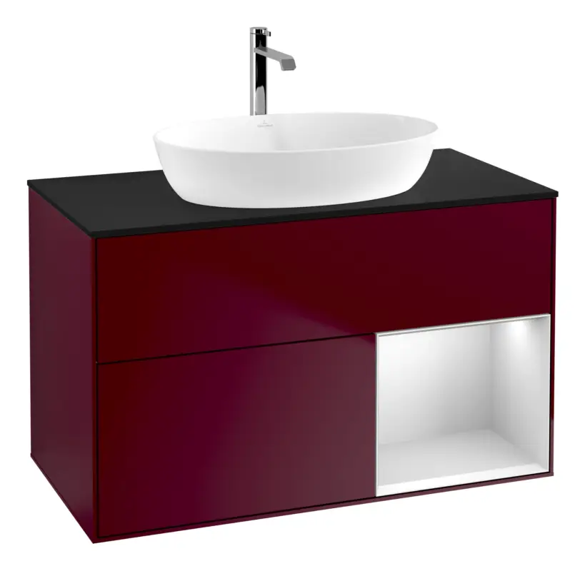 Villeroy & Boch Finion Waschbeckenunterschrank für Becken mittig Regal rechts für Artis / Collaro rund 2 Auszüge mit Beleuchtung (1x LED) 1000 x 603 x 501 mm - Peony Matt Lacquer / White Matt Lacquer / Glass Black Matt Solange Der Vorrat Reicht