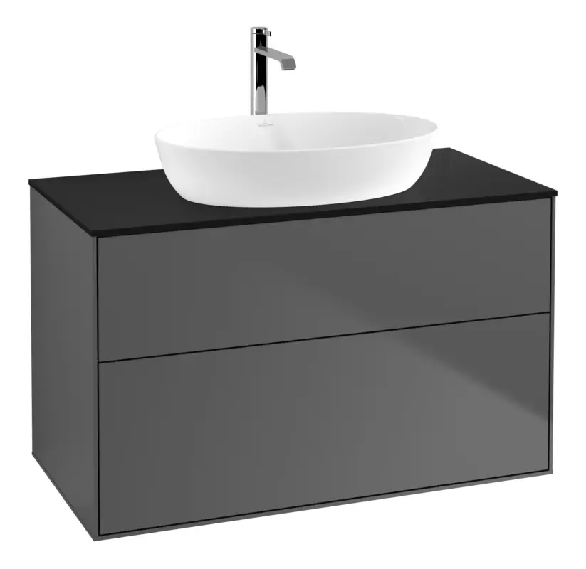 Villeroy & Boch Finion Waschbeckenunterschrank für Becken mittig ohne Regal für Artis / Collaro 2 Auszüge ohne Hahnloch 1000 x 603 x 501 mm - Anthracite Matt Lacquer / Glass Black Matt Top-Preis