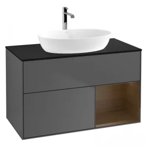 Abverkauf Villeroy & Boch Finion Waschbeckenunterschrank für Becken mittig Regal rechts für Artis / Collaro rund 2 Auszüge mit Beleuchtung (3x LED) ohne Hahnloch 1000 x 603 x 501 mm - Anthracite Matt Lacquer / Walnut Veneer / Glass Black Matt