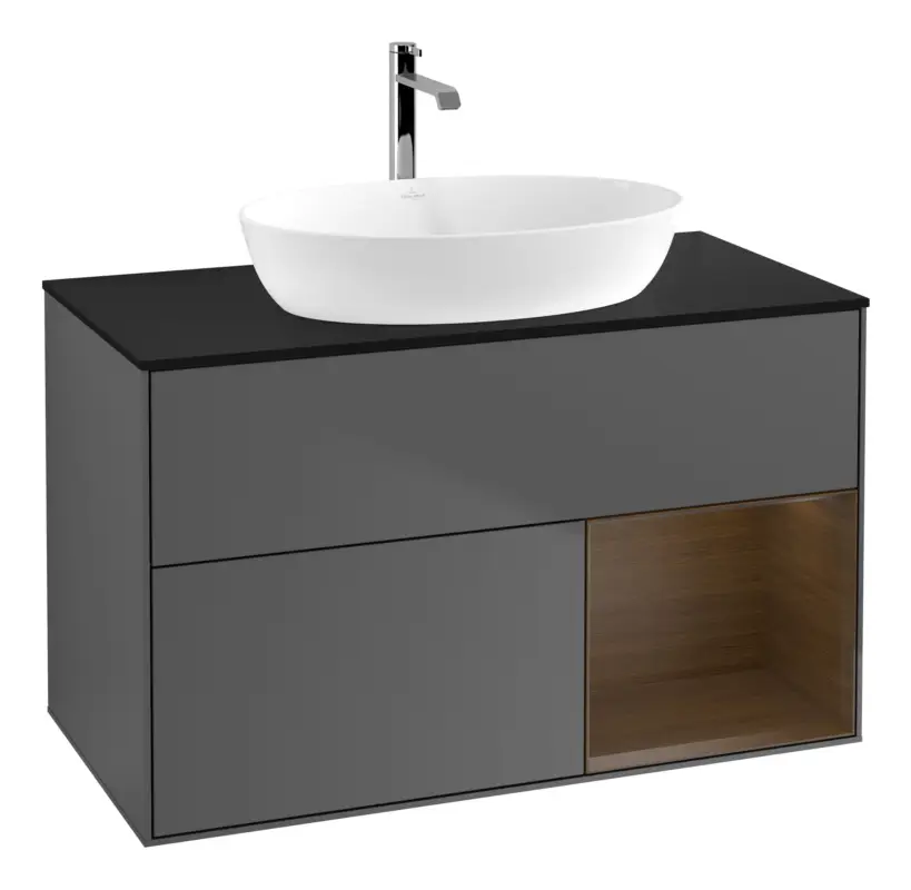 Abverkauf Villeroy & Boch Finion Waschbeckenunterschrank für Becken mittig Regal rechts für Artis / Collaro rund 2 Auszüge mit Beleuchtung (3x LED) ohne Hahnloch 1000 x 603 x 501 mm - Anthracite Matt Lacquer / Walnut Veneer / Glass Black Matt
