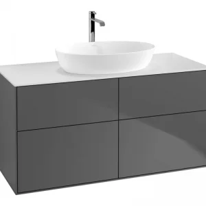 Abverkauf Villeroy & Boch Finion Waschbeckenunterschrank für Becken mittig ohne Regal für Artis / Collaro 4 Auszüge ohne Hahnloch 1200 x 603 x 501 mm - Anthracite Matt Lacquer / Glass White Matt