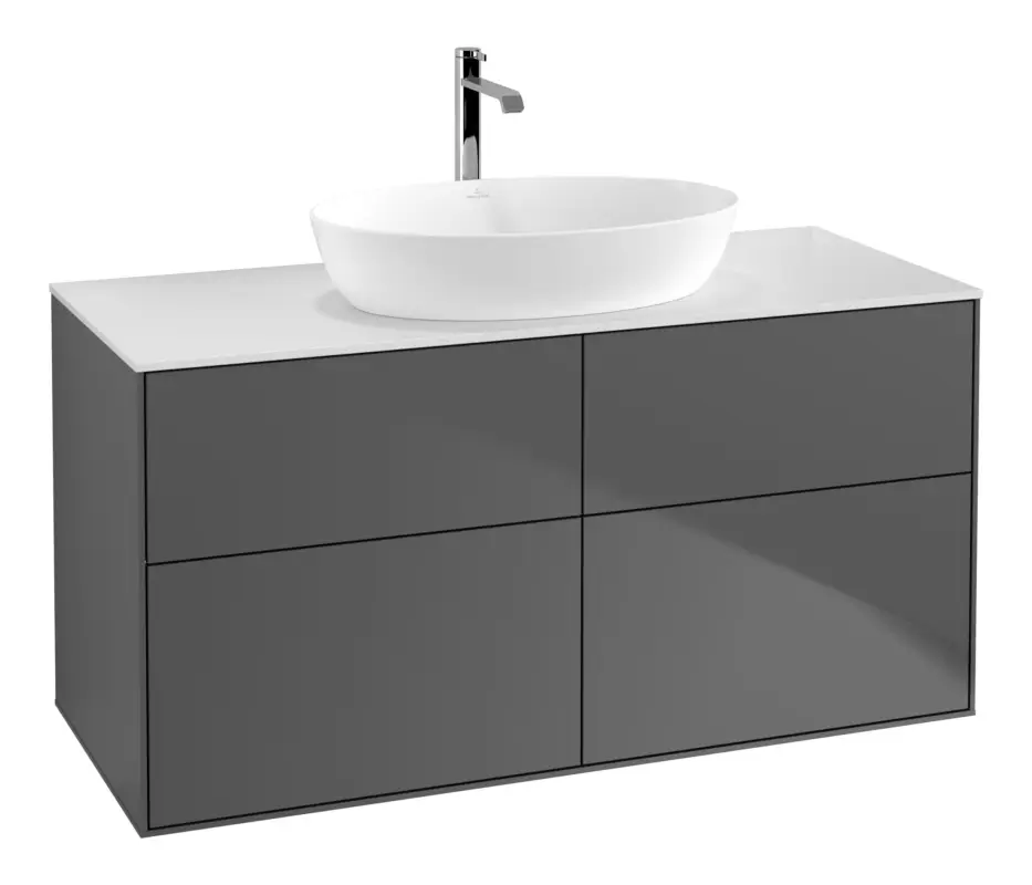 Abverkauf Villeroy & Boch Finion Waschbeckenunterschrank für Becken mittig ohne Regal für Artis / Collaro 4 Auszüge ohne Hahnloch 1200 x 603 x 501 mm - Anthracite Matt Lacquer / Glass White Matt