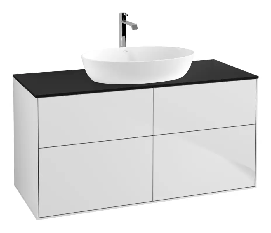 Super-Preis Villeroy & Boch Finion Waschbeckenunterschrank für Becken mittig ohne Regal für Artis / Collaro rund 4 Auszüge mit Beleuchtung (2x LED) ohne Hahnloch 1200 x 603 x 501 mm - White Matt Lacquer / Glass Black Matt