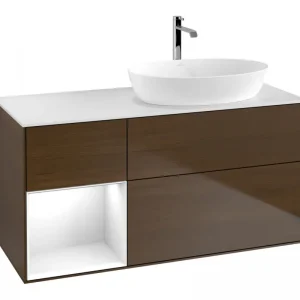 Abverkauf Villeroy & Boch Finion Waschbeckenunterschrank für Becken rechts Regal links für Artis / Collaro 3 Auszüge mit Beleuchtung (1x LED) ohne Hahnloch 1200 x 603 x 501 mm - Walnut Veneer / Glossy White Lacquer / Glass White Matt