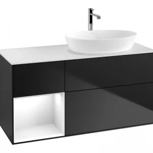 Abverkauf Villeroy & Boch Finion Waschbeckenunterschrank für Becken rechts Regal links für Artis / Collaro 3 Auszüge mit Beleuchtung (1x LED) ohne Hahnloch 1200 x 603 x 501 mm - Black Matt Lacquer / Glossy White Lacquer / Glass White Matt