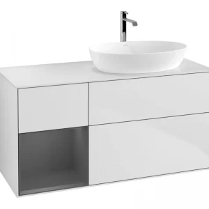 Abverkauf Villeroy & Boch Finion Waschbeckenunterschrank für Becken rechts Regal links für Artis / Collaro 3 Auszüge mit Beleuchtung (1x LED) ohne Hahnloch 1200 x 603 x 501 mm - White Matt Lacquer / Anthracite Matt Lacquer / Glass White Matt