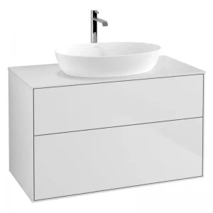 Abverkauf Villeroy & Boch Finion Waschbeckenunterschrank für Becken mittig ohne Regal für Artis / Collaro rund 2 Auszüge mit Beleuchtung (2x LED) ohne Hahnloch 1000 x 603 x 501 mm - White Matt Lacquer / Glass White Matt