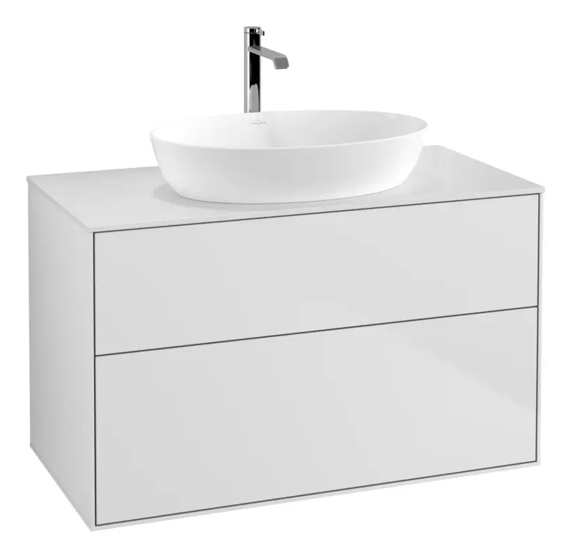 Abverkauf Villeroy & Boch Finion Waschbeckenunterschrank für Becken mittig ohne Regal für Artis / Collaro rund 2 Auszüge mit Beleuchtung (2x LED) ohne Hahnloch 1000 x 603 x 501 mm - White Matt Lacquer / Glass White Matt