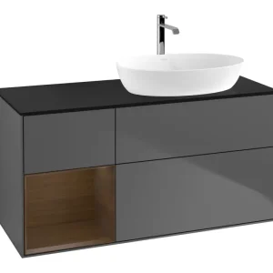 Zertifiziert Villeroy & Boch Finion Waschbeckenunterschrank für Becken rechts Regal links für Artis / Collaro 3 Auszüge mit Beleuchtung (1x LED) ohne Hahnloch 1200 x 603 x 501 mm - Anthracite Matt Lacquer / Walnut Veneer / Glass Black Matt