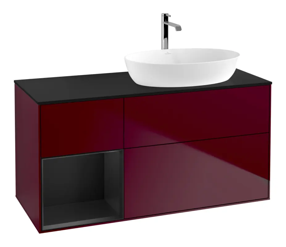 Villeroy & Boch Finion Waschbeckenunterschrank für Becken rechts Regal links für Artis / Collaro 3 Auszüge mit Beleuchtung (1x LED) ohne Hahnloch 1200 x 603 x 501 mm - Peony Matt Lacquer / Black Matt Lacquer / Glass Black Matt Markenprodukt