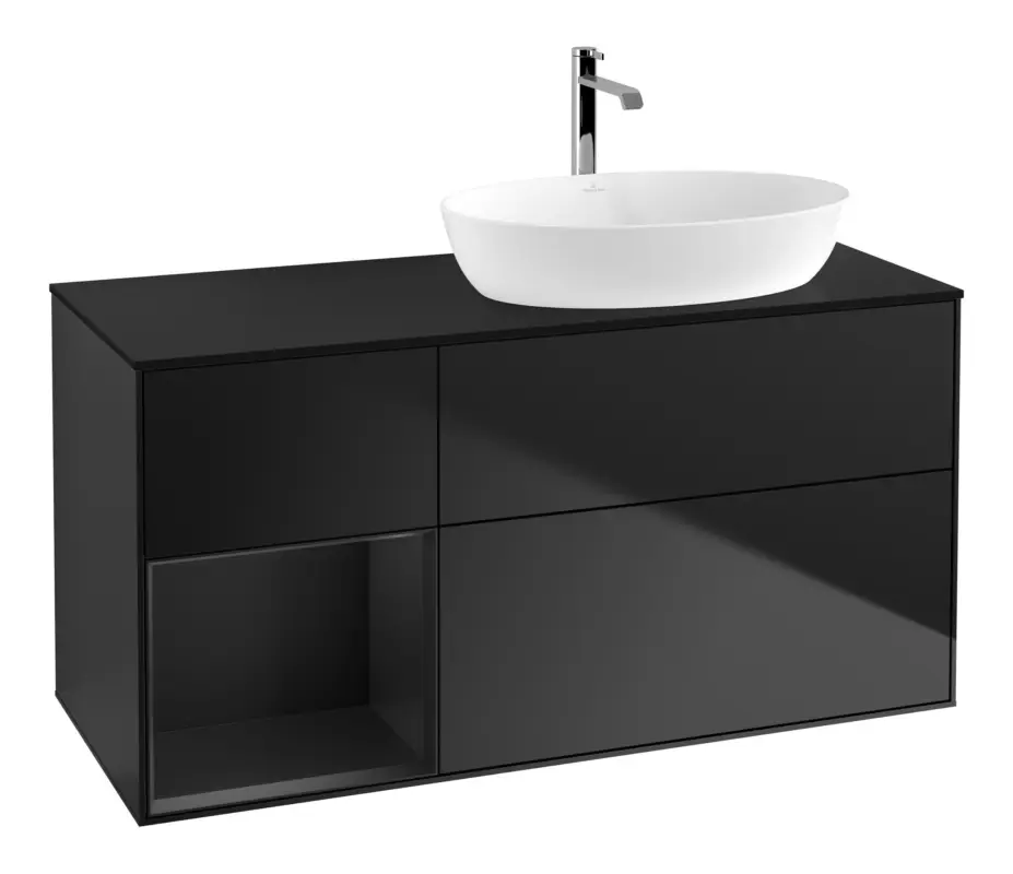 Villeroy & Boch Finion Waschbeckenunterschrank für Becken rechts Regal links für Artis / Collaro 3 Auszüge mit Beleuchtung (1x LED) ohne Hahnloch 1200 x 603 x 501 mm - Black Matt Lacquer / Glass Black Matt Jetzt Bestellen