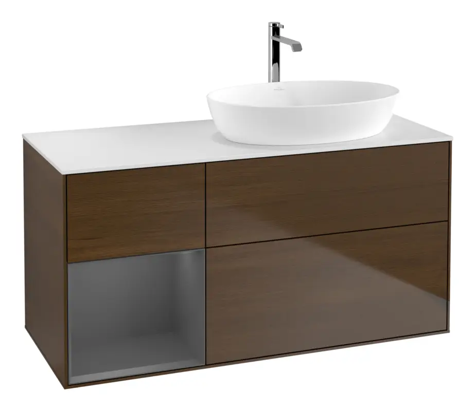 Saisonangebot Villeroy & Boch Finion Waschbeckenunterschrank für Becken rechts Regal links für Artis / Collaro rund 3 Auszüge mit Beleuchtung (3x LED) ohne Hahnloch 1200 x 603 x 501 mm - Walnut Veneer / Anthracite Matt Lacquer / Glass White Matt