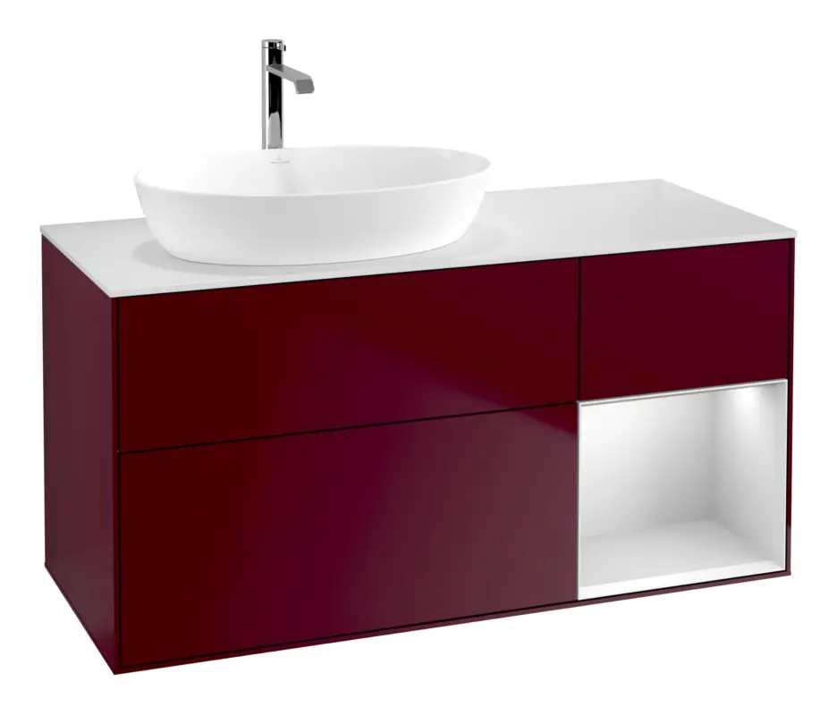 Villeroy & Boch Finion Waschbeckenunterschrank für Becken links Regal rechts für Artis / Collaro 3 Auszüge mit Beleuchtung (1x LED) ohne Hahnloch 1200 x 603 x 501 mm - Peony Matt Lacquer / White Matt Lacquer / Glass White Matt Top-Angebot