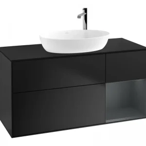 Abverkauf Villeroy & Boch Finion Waschbeckenunterschrank für Becken mittig Regal rechts für Artis / Collaro rund 3 Auszüge mit Beleuchtung (3x LED) mit Hahnloch 1200 x 603 x 501 mm - Black Matt Lacquer / Midnight Blue Matt Lacquer / Glass Black Matt