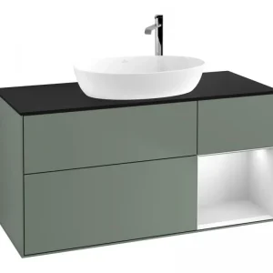 Abverkauf Villeroy & Boch Finion Waschbeckenunterschrank für Becken mittig Regal rechts für Artis / Collaro rund 3 Auszüge mit Beleuchtung (3x LED) mit Hahnloch 1200 x 603 x 501 mm - Olive Matt Lacquer / White Matt Lacquer / Glass Black Matt