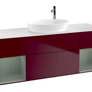 Abverkauf Villeroy & Boch Finion Waschbeckenunterschrank für Becken mittig Regal links/rechts für Artis / Collaro rund 4 Auszüge mit Beleuchtung (4x LED) mit Hahnloch 1600 x 603 x 501 mm - Peony Matt Lacquer / Olive Matt Lacquer / Glass White Matt
