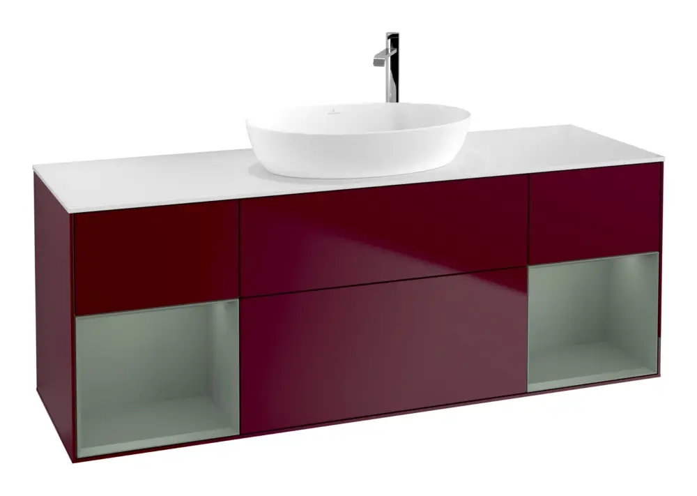 Abverkauf Villeroy & Boch Finion Waschbeckenunterschrank für Becken mittig Regal links/rechts für Artis / Collaro rund 4 Auszüge mit Beleuchtung (4x LED) mit Hahnloch 1600 x 603 x 501 mm - Peony Matt Lacquer / Olive Matt Lacquer / Glass White Matt