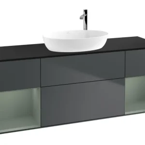 Aktuell Villeroy & Boch Finion Waschbeckenunterschrank für Becken mittig Regal links/rechts für Artis / Collaro rund 4 Auszüge mit Beleuchtung (4x LED) mit Hahnloch 1600 x 603 x 501 mm - Midnight Blue Matt Lacquer / Olive Matt Lacquer / Glass Black Matt