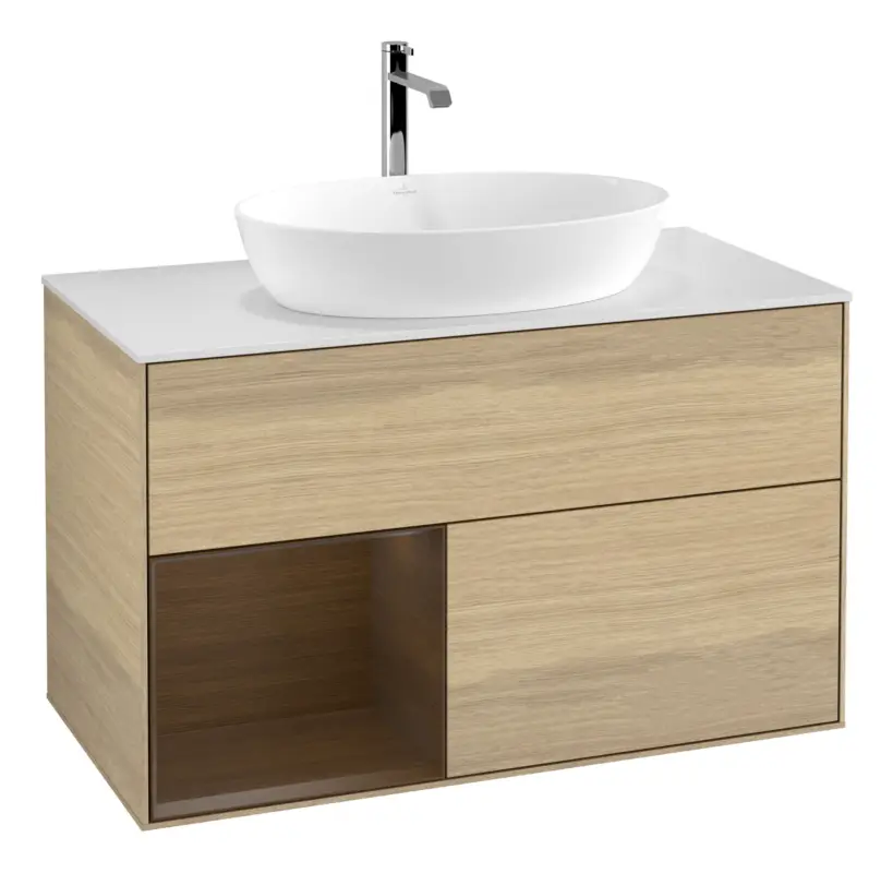 Villeroy & Boch Finion Waschbeckenunterschrank für Becken mittig Regal links für Artis / Collaro rund 2 Auszüge mit Beleuchtung (3x LED) ohne Hahnloch 1000 x 603 x 501 mm - Oak Veneer / Walnut Veneer / Glass White Matt Billig
