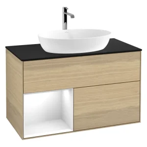 Aktuell Villeroy & Boch Finion Waschbeckenunterschrank für Becken mittig Regal links für Artis / Collaro rund 2 Auszüge mit Beleuchtung (3x LED) ohne Hahnloch 1000 x 603 x 501 mm - Oak Veneer / Glossy White Lacquer / Glass Black Matt