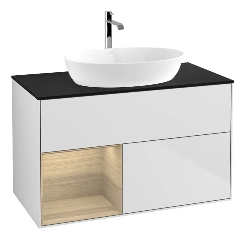 Abverkauf Villeroy & Boch Finion Waschbeckenunterschrank für Becken mittig Regal links für Artis / Collaro rund 2 Auszüge mit Beleuchtung (3x LED) ohne Hahnloch 1000 x 603 x 501 mm - White Matt Lacquer / Oak Veneer / Glass Black Matt