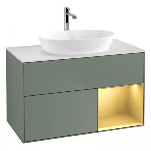 Abverkauf Villeroy & Boch Finion Waschbeckenunterschrank für Becken mittig Regal rechts für Artis / Collaro rund 2 Auszüge mit Beleuchtung (3x LED) ohne Hahnloch 1000 x 603 x 501 mm - Olive Matt Lacquer / Gold Matt Lacquer / Glass White Matt