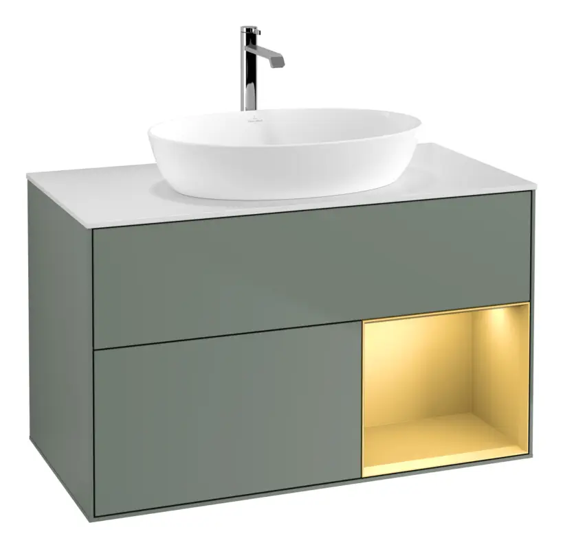Abverkauf Villeroy & Boch Finion Waschbeckenunterschrank für Becken mittig Regal rechts für Artis / Collaro rund 2 Auszüge mit Beleuchtung (3x LED) ohne Hahnloch 1000 x 603 x 501 mm - Olive Matt Lacquer / Gold Matt Lacquer / Glass White Matt