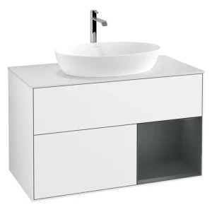 Zertifiziert Villeroy & Boch Finion Waschbeckenunterschrank für Becken mittig Regal rechts für Artis / Collaro rund 2 Auszüge mit Beleuchtung (3x LED) ohne Hahnloch 1000 x 603 x 501 mm - Glossy White Lacquer / Midnight Blue Matt Lacquer / Glass White Matt