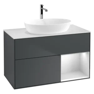 Aktuell Villeroy & Boch Finion Waschbeckenunterschrank für Becken mittig Regal rechts für Artis / Collaro rund 2 Auszüge mit Beleuchtung (3x LED) ohne Hahnloch 1000 x 603 x 501 mm - Midnight Blue Matt Lacquer / White Matt Lacquer / Glass White Matt